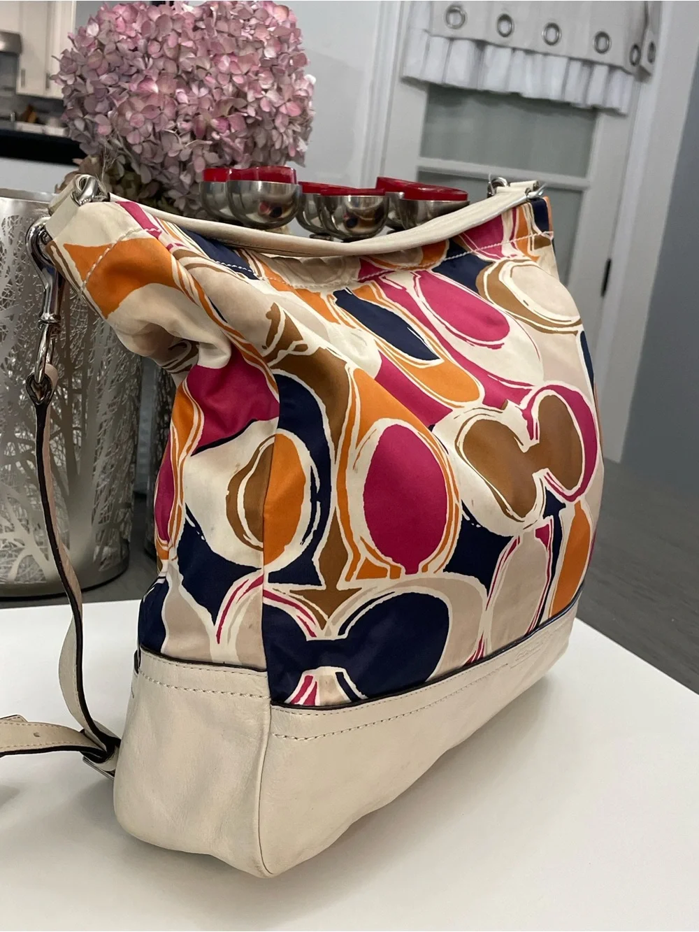 Coach Signature Print Nylon Leather Crossbody Messenger Bag Multicolor